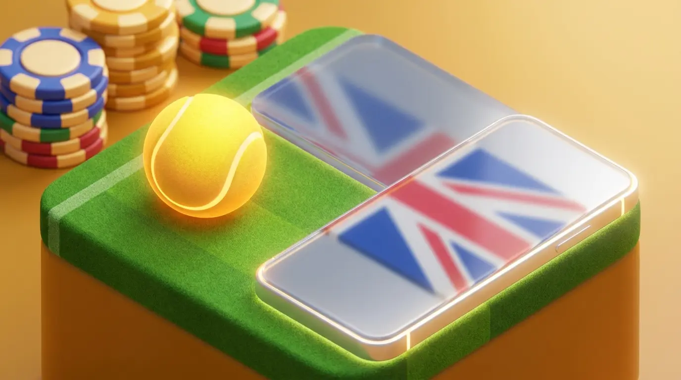 Tennis ball on grass court with smartphone and betting chips