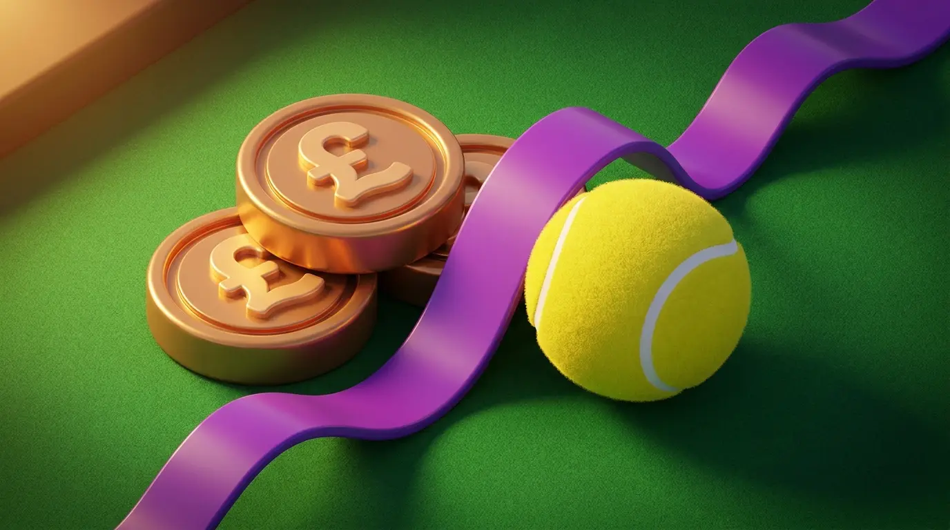 Pound coins with tennis ball on felt surface in Wimbledon colors