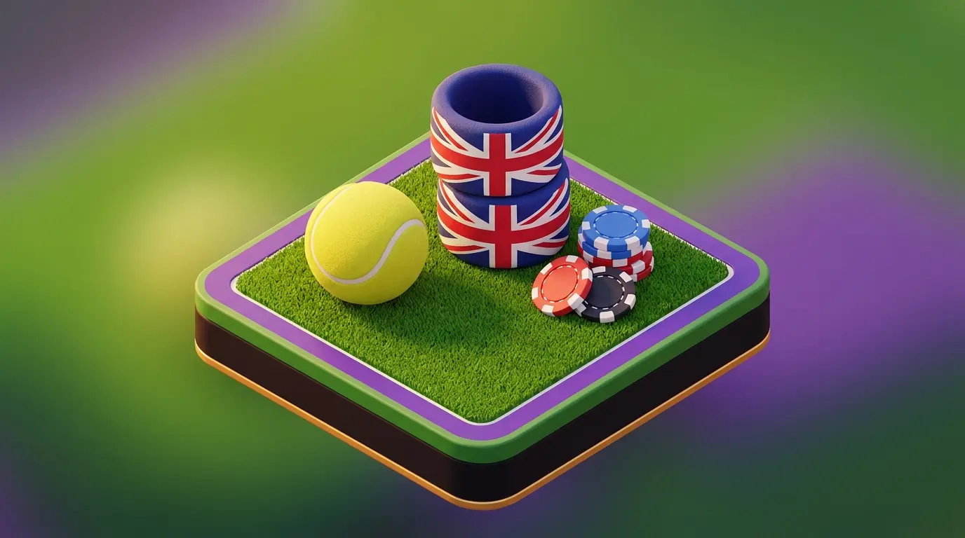 Tennis ball with British-themed poker chips on grass court surface