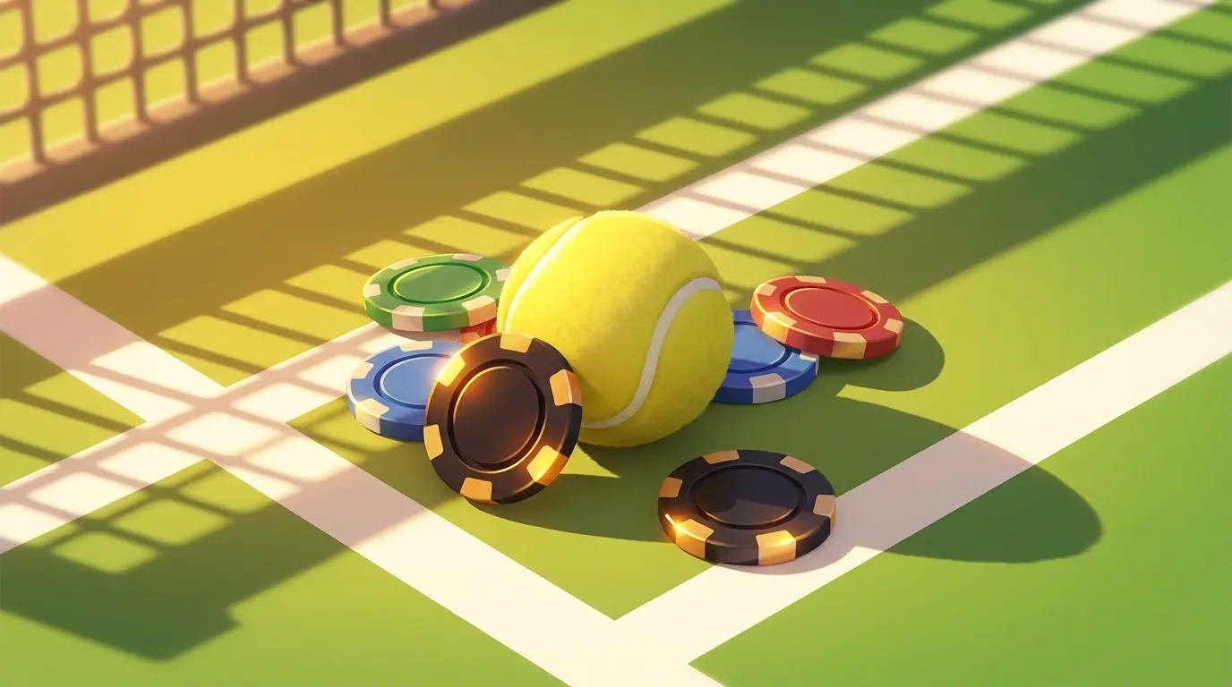 Tennis ball with poker chips on court surface