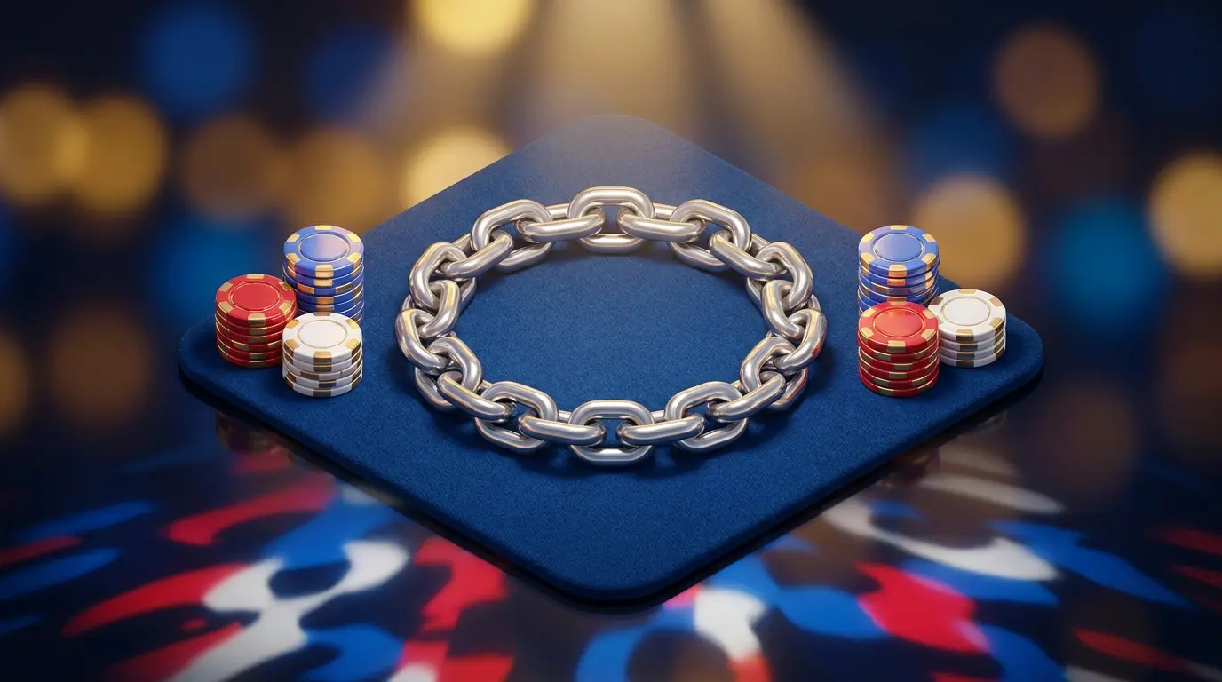 Tether chain links with UK-themed casino chips on premium felt
