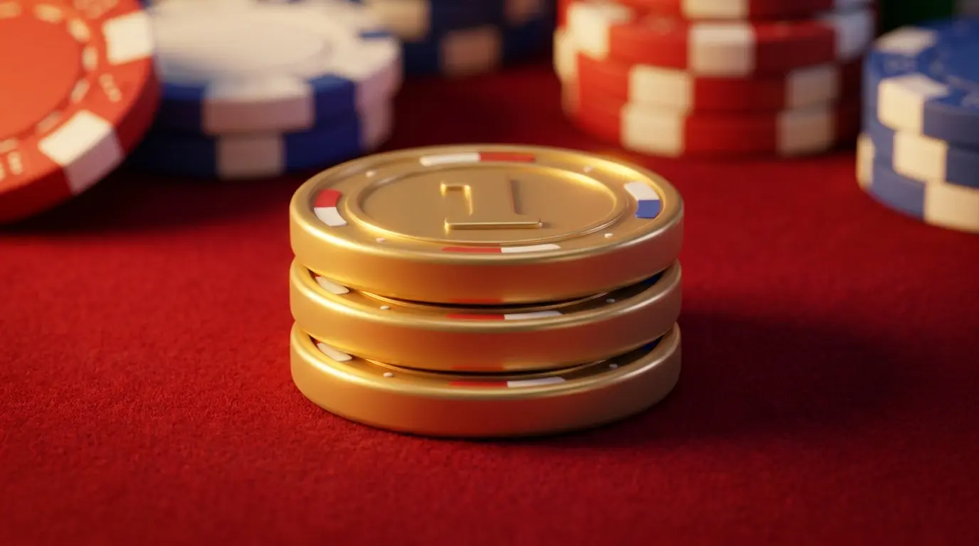 Three pound coins on casino felt with poker chips in background