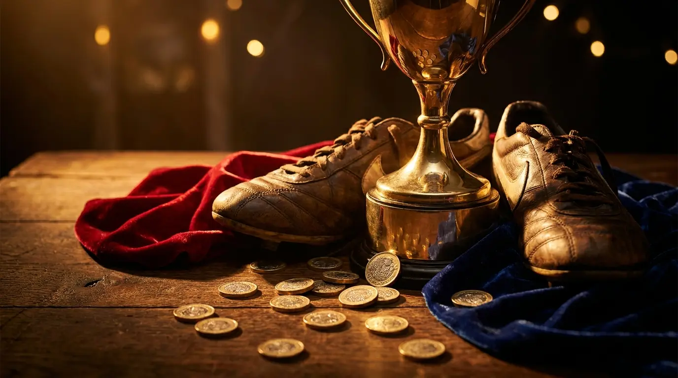Golden trophy with football boots and British currency arrangement