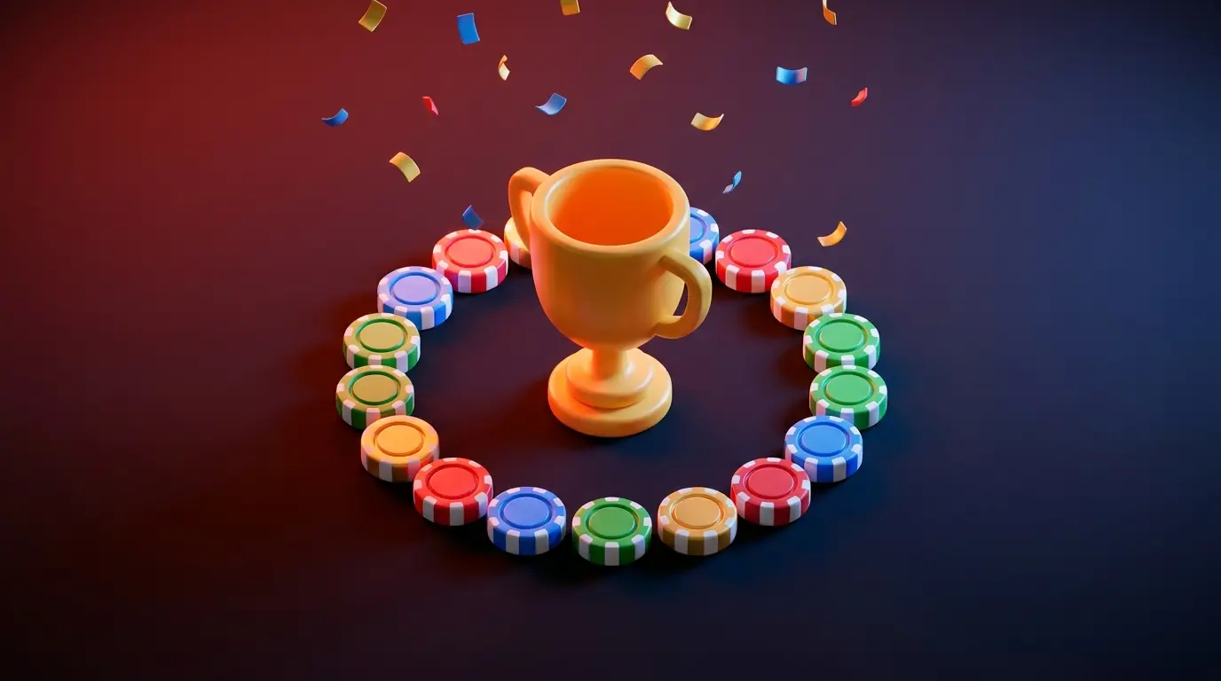 Trophy with poker chips and falling confetti celebration scene