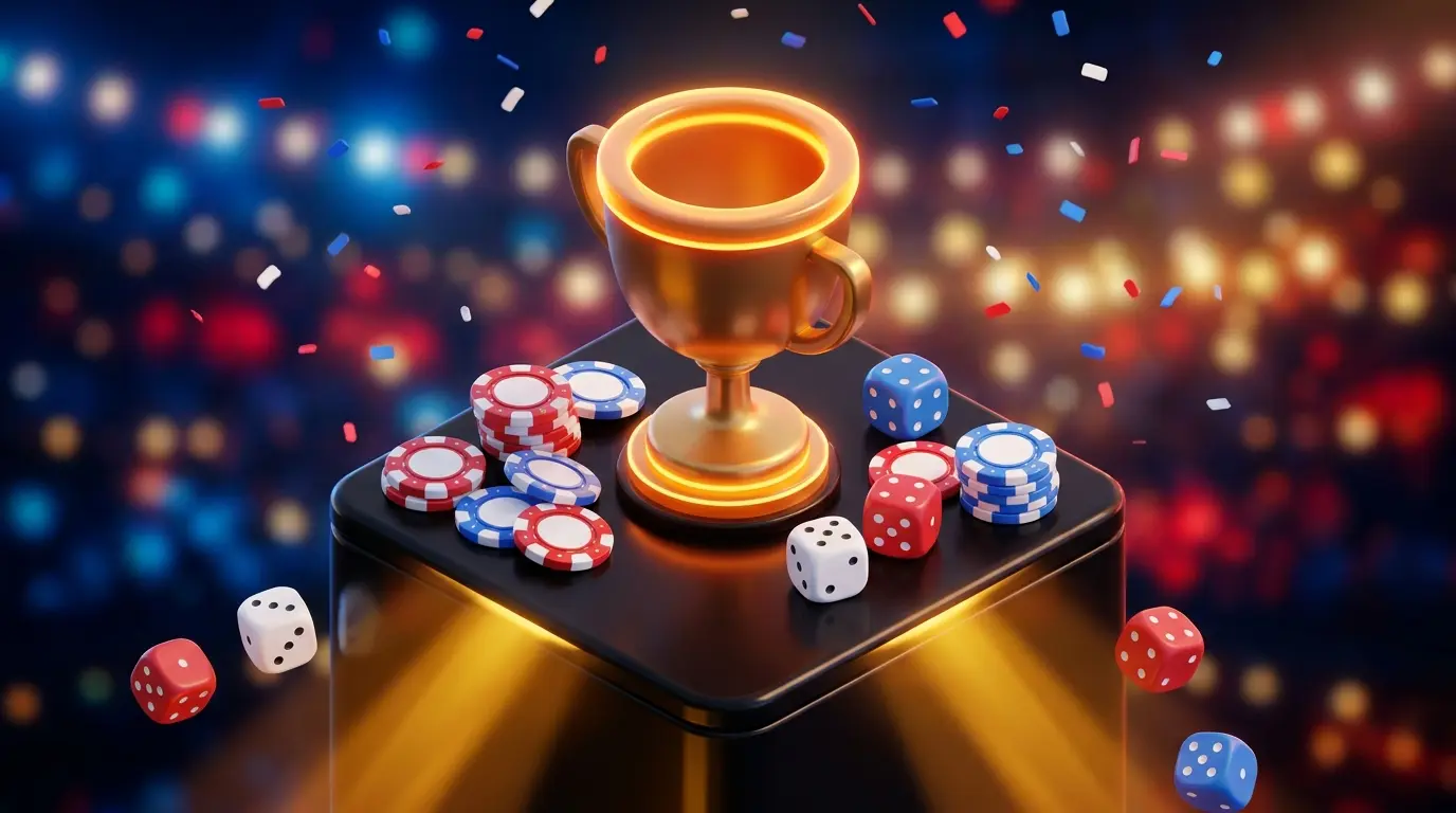 Trophy with betting chips in UK colors and stadium atmosphere