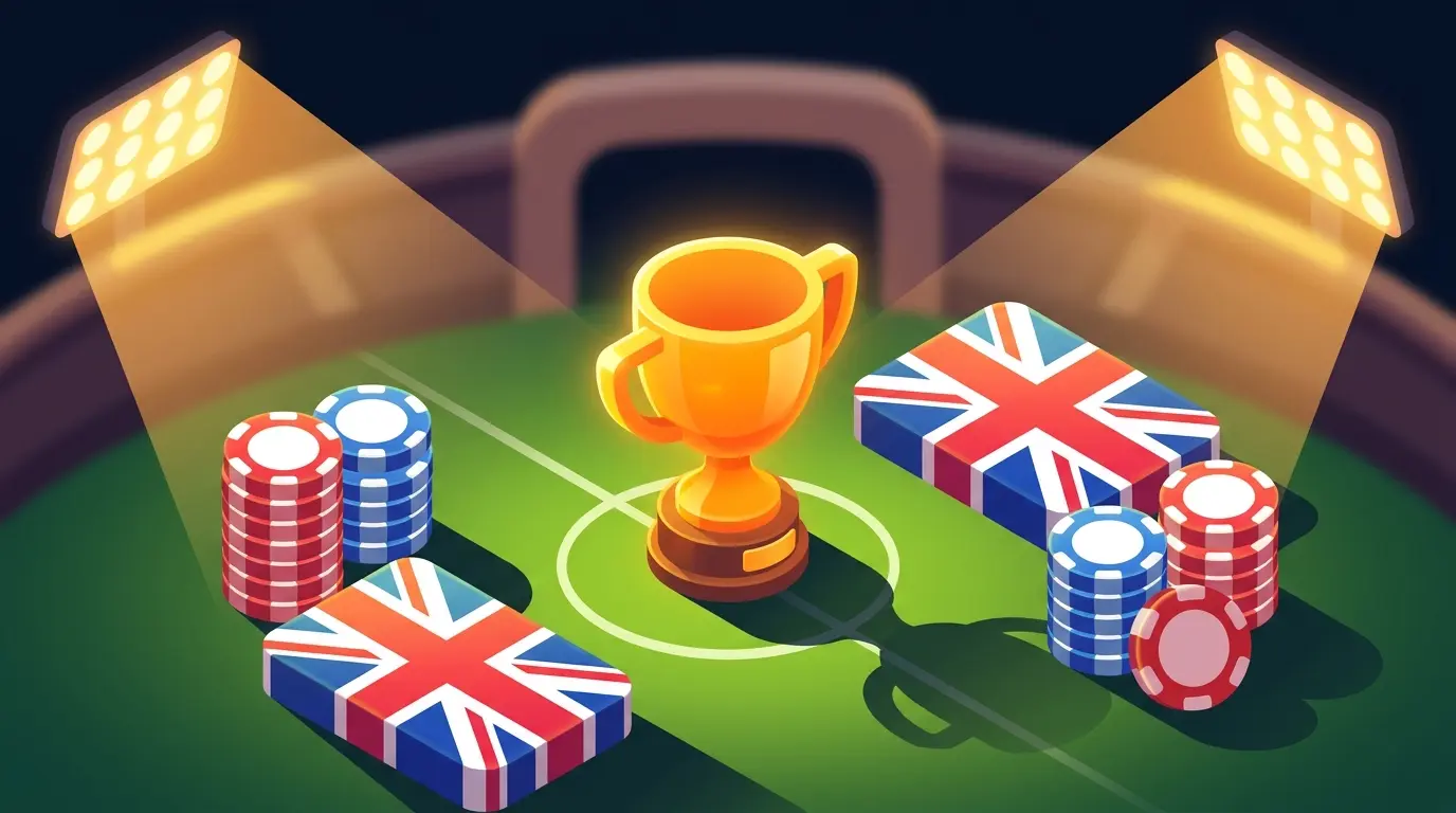 Trophy on football pitch with poker chips in British flag colors