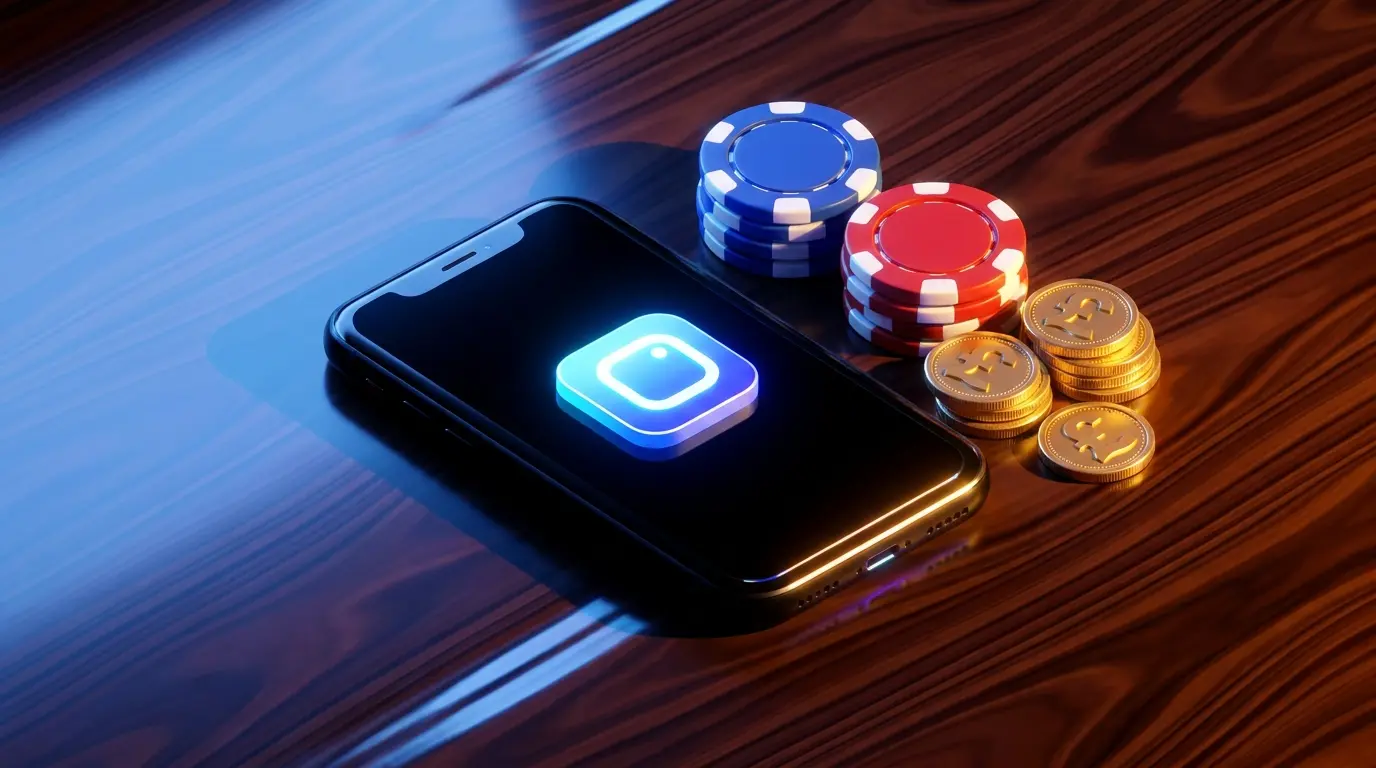 Smartphone with casino chips and British coins on wooden surface