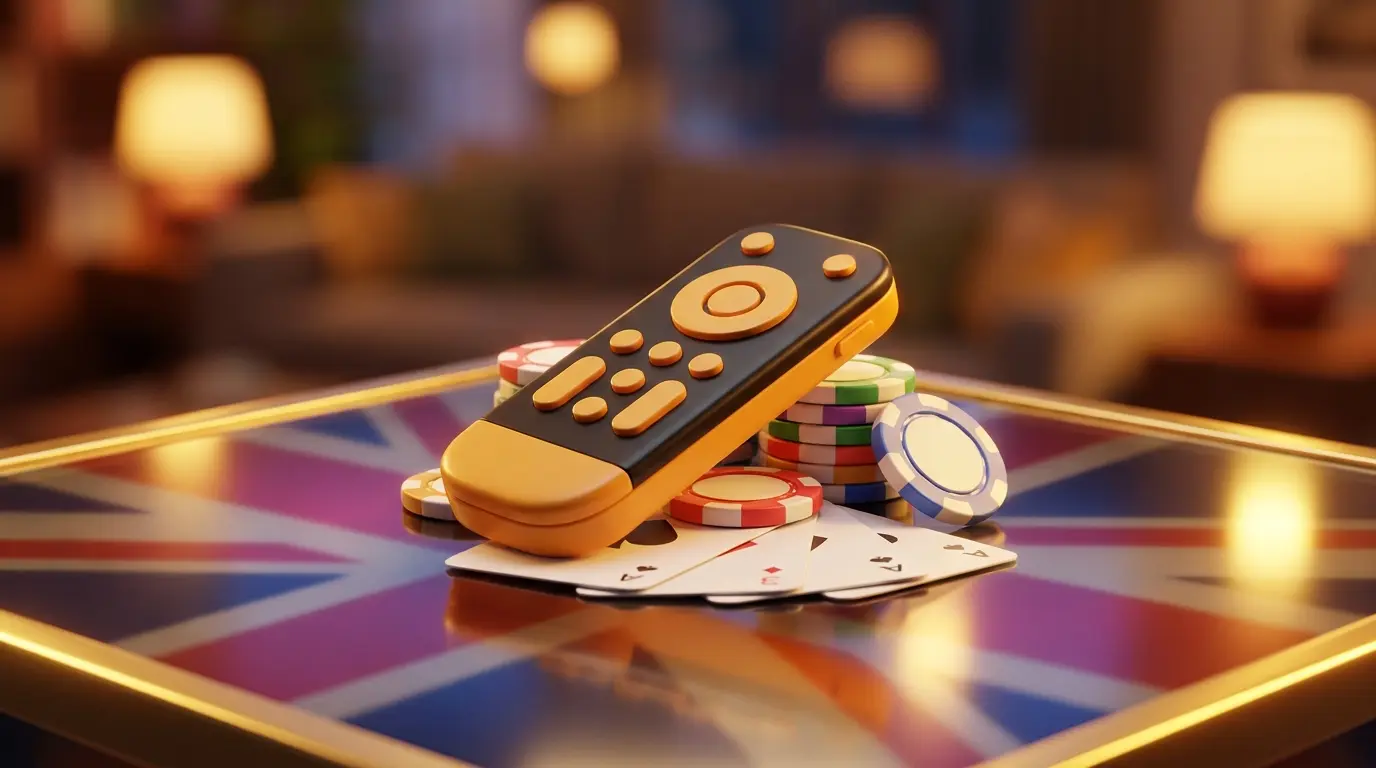 Remote control on casino chips with UK color scheme