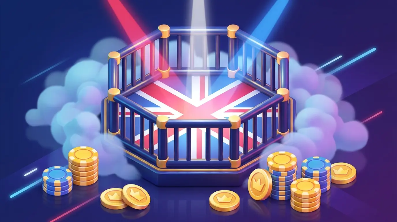UFC octagon cage with British-themed lighting and betting chips