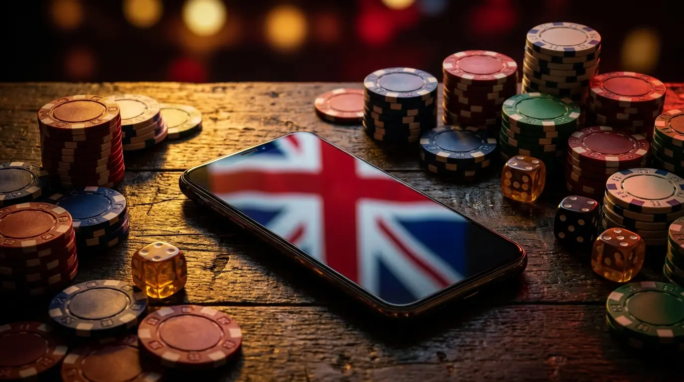Smartphone with betting chips showing UK theme and gaming elements