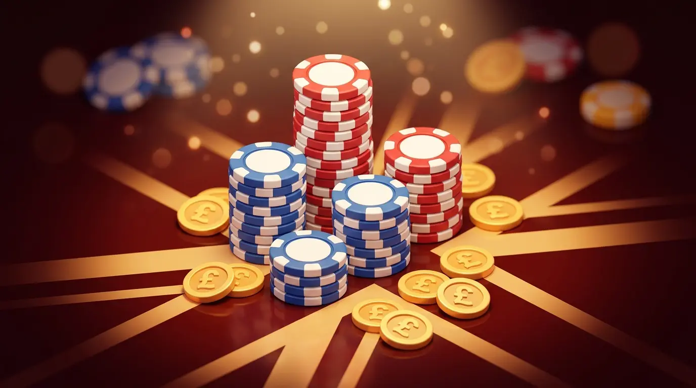 Poker chips and coins arranged representing UK betting bonuses