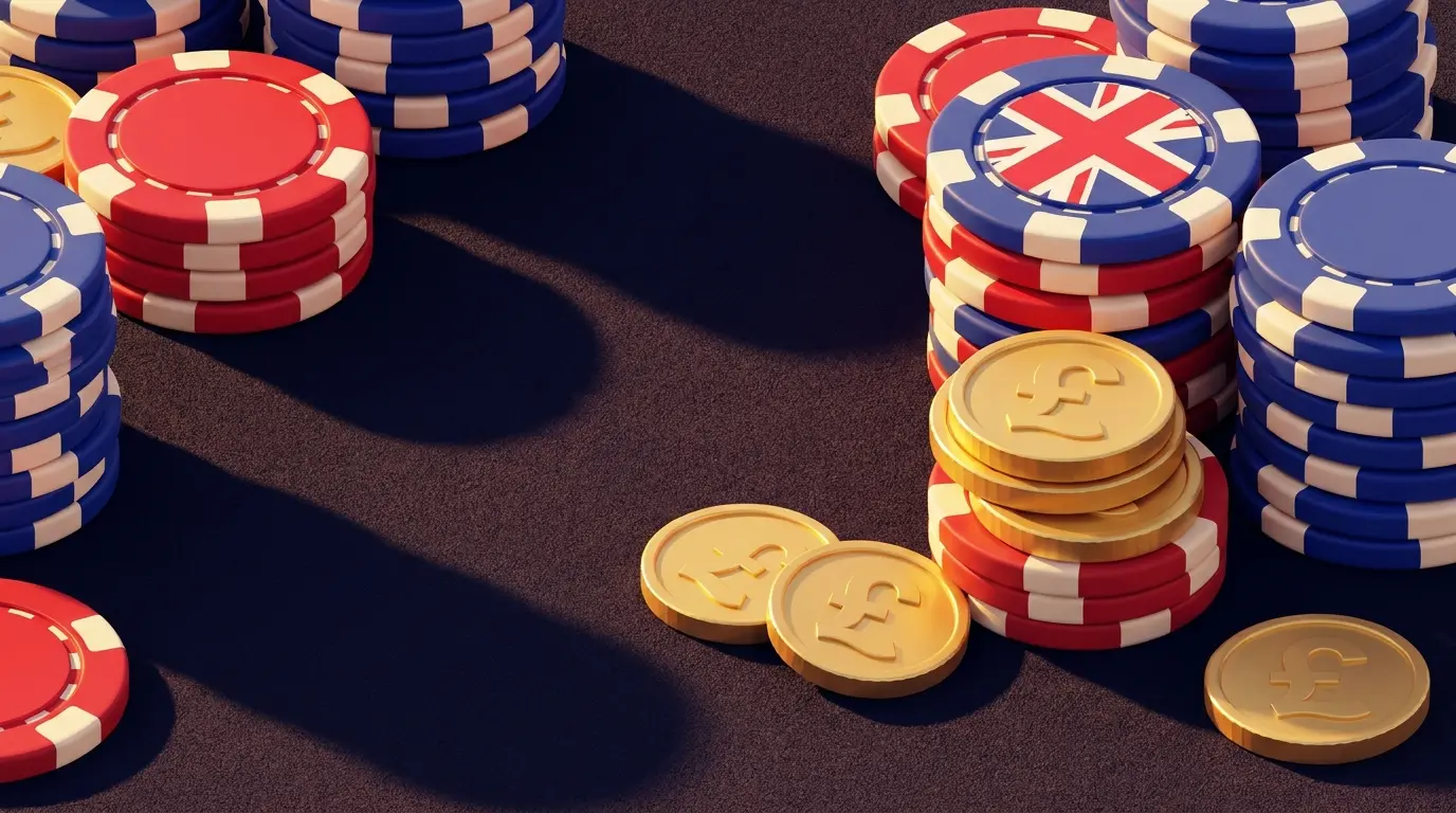 British coins and betting chips in elegant arrangement