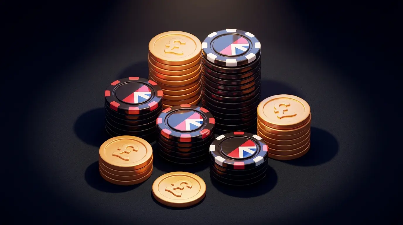 Poker chips and British pound coins with Union Jack colors