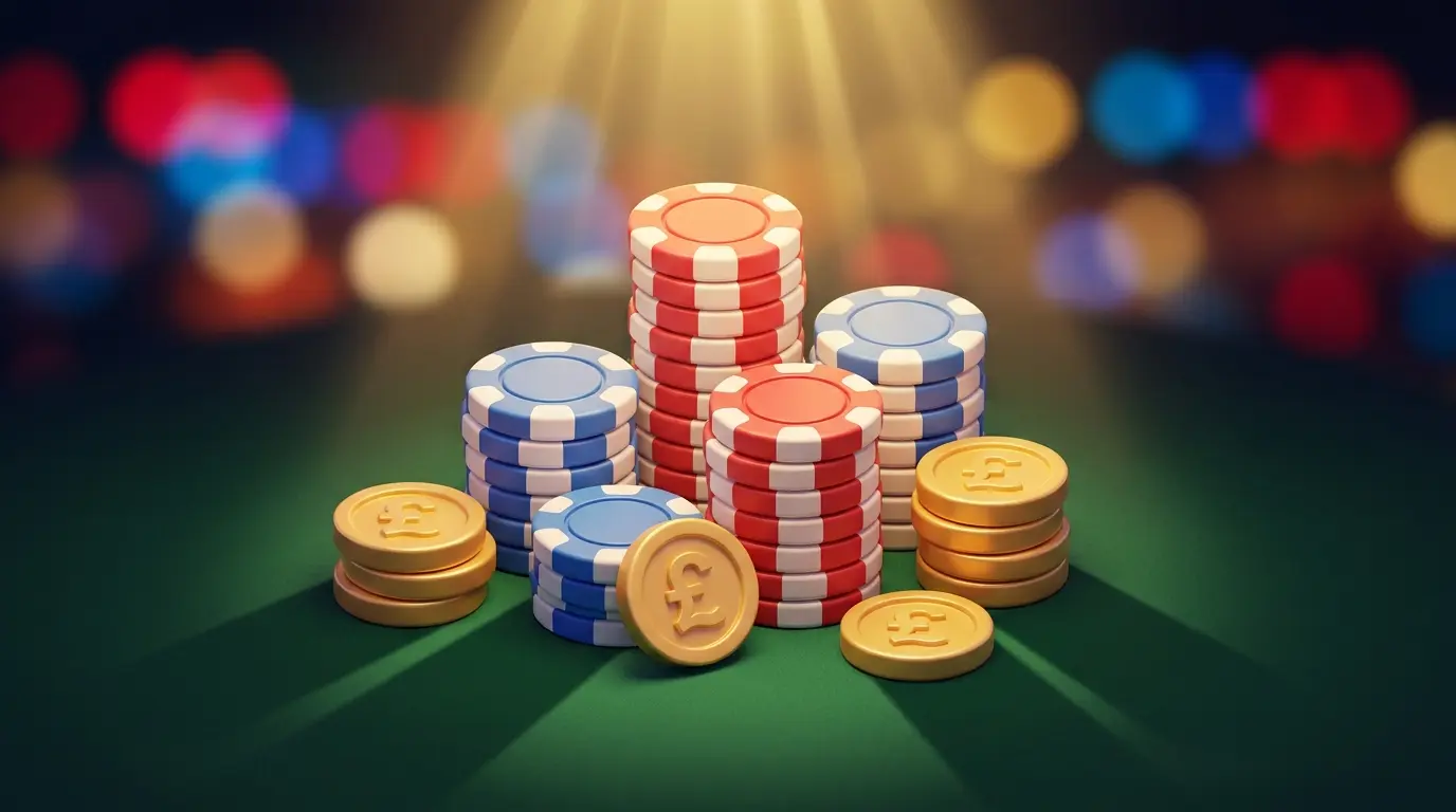 Casino chips and British pound coins on green felt with dramatic lighting