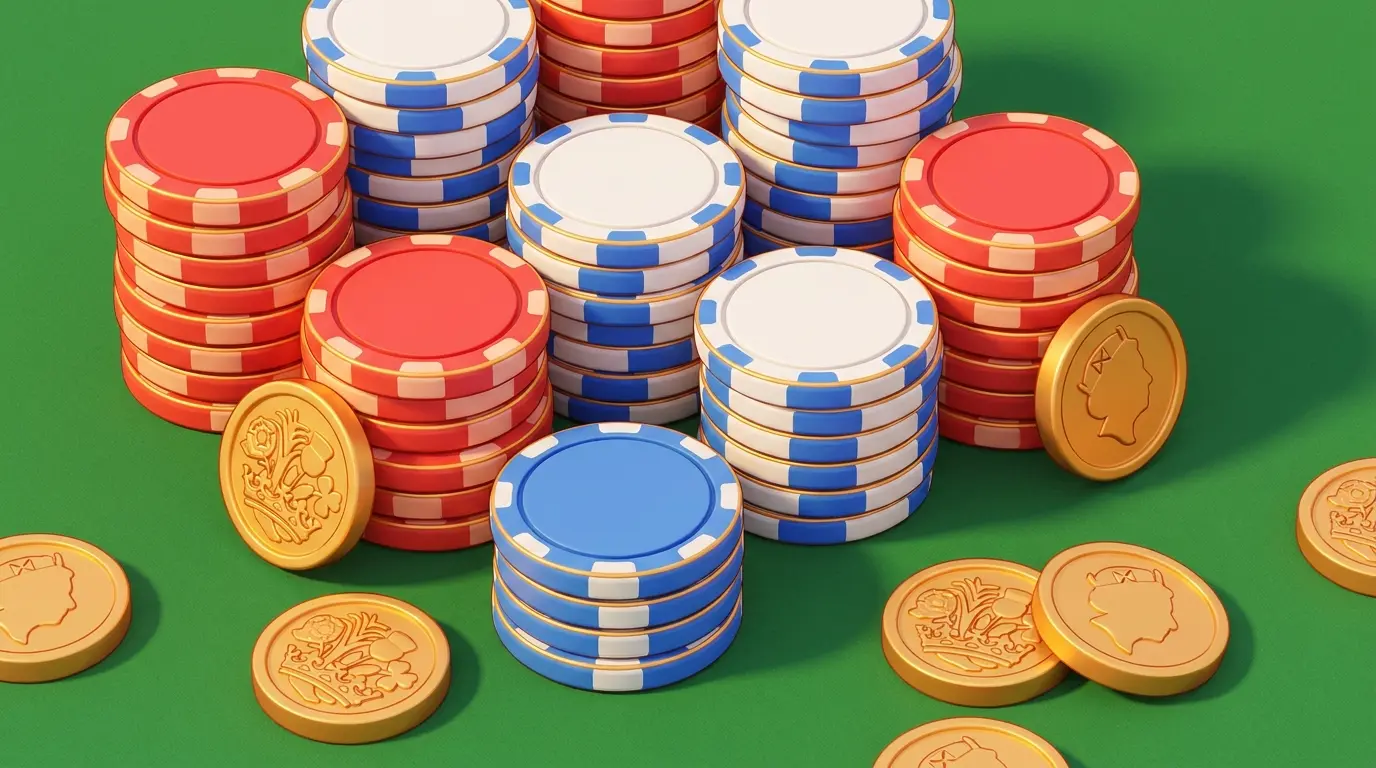 Betting chips and coins in patriotic UK colors on gaming table
