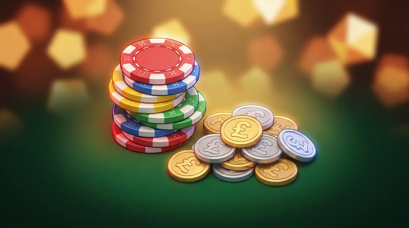 Casino chips and pound coins on felt with UK themed lighting