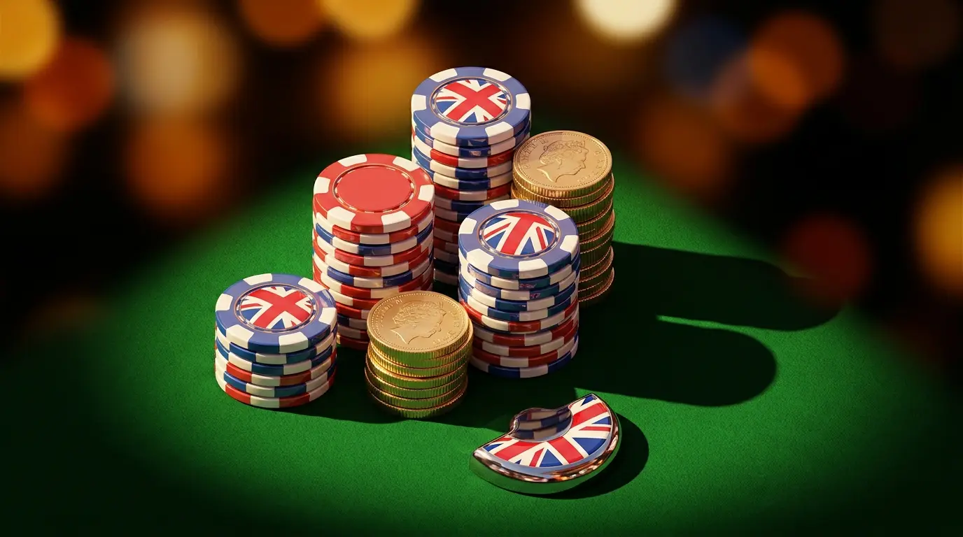 Poker chips and British pound coins on casino felt with UK colors