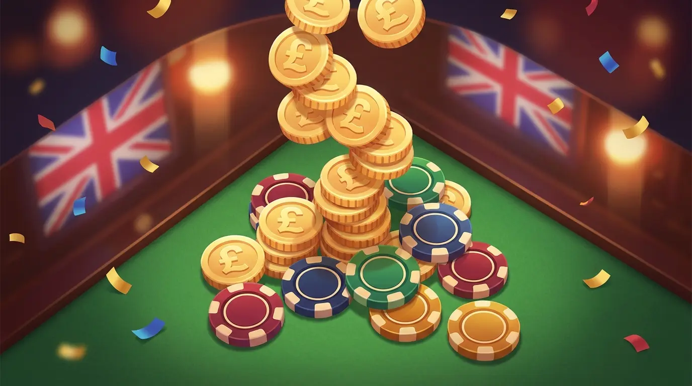 Pound coins and casino chips with UK colors on gaming table
