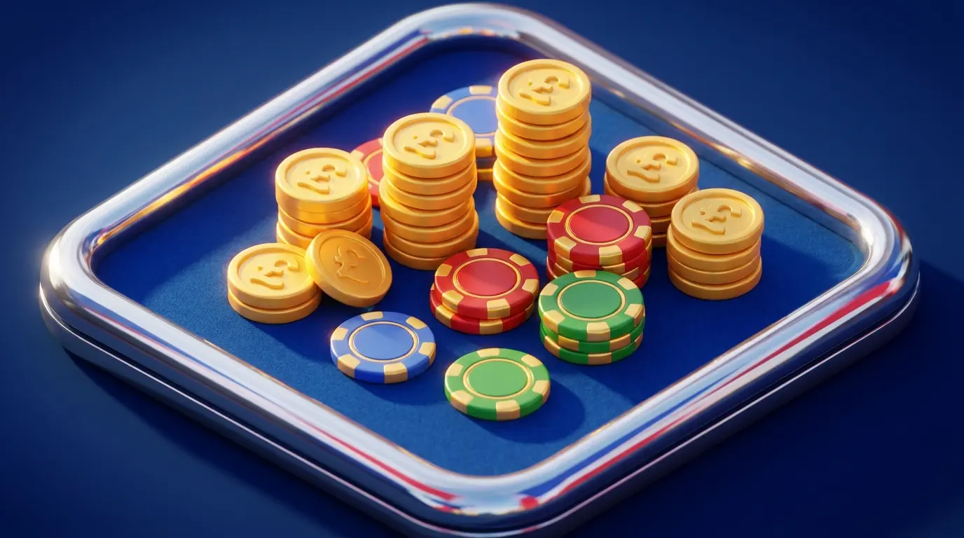 British pound coins and betting chips on felt table