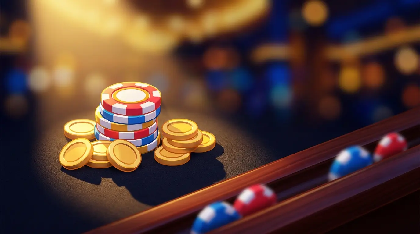 Poker chips and coins with UK themed colors on casino table