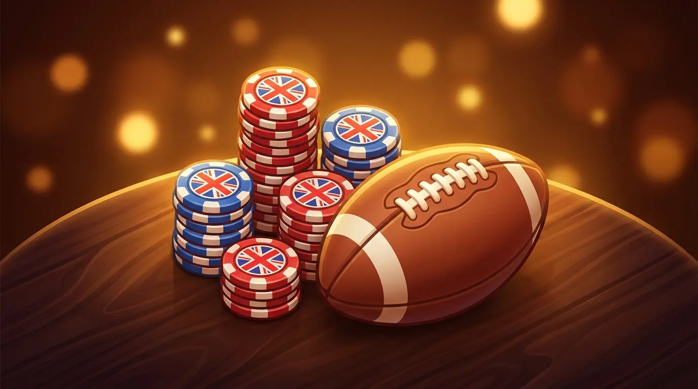 UK-themed betting chips next to football in atmospheric setting