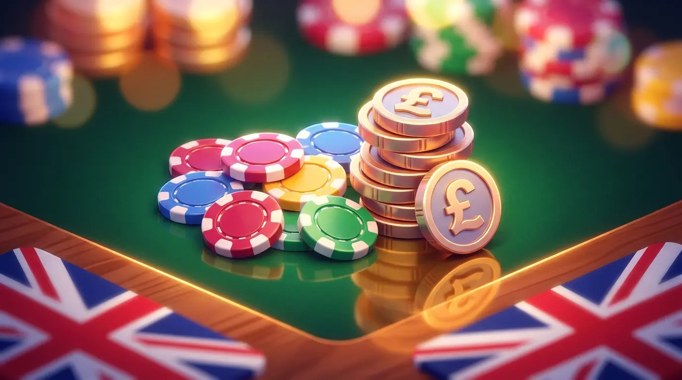British pound coins and casino chips on green felt with UK colors