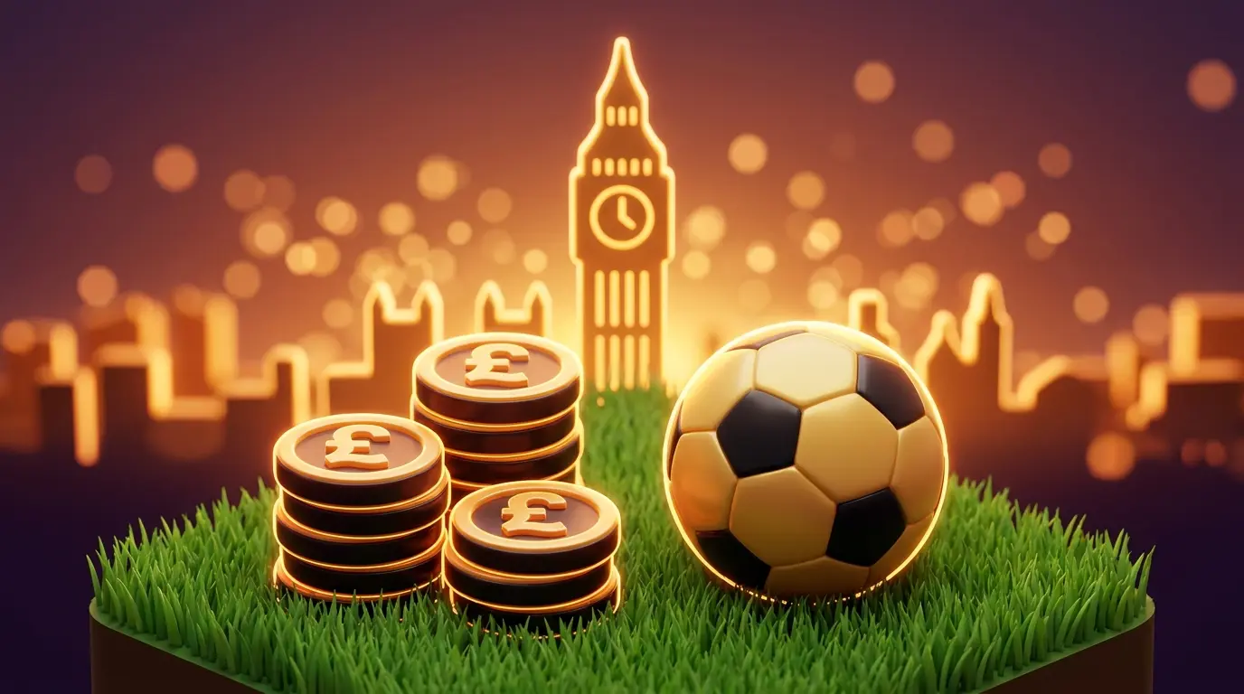 Pound coins and football with London skyline in background