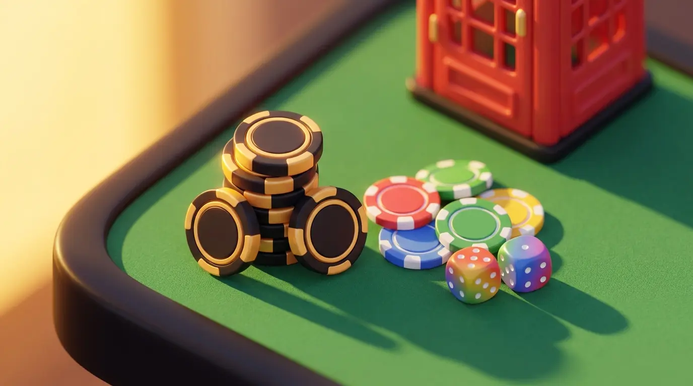 UK coins stacked with casino chips and British cultural elements