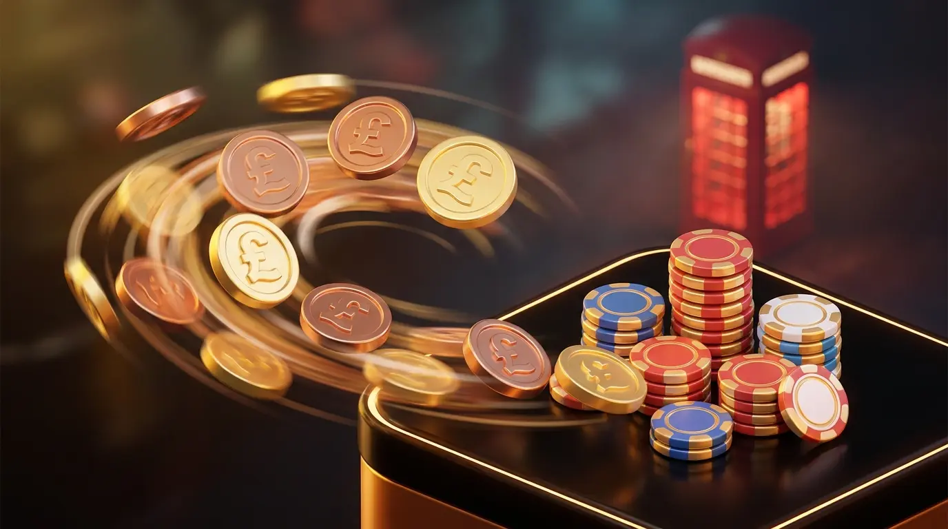 Coins in motion blur with casino chips and British telephone box