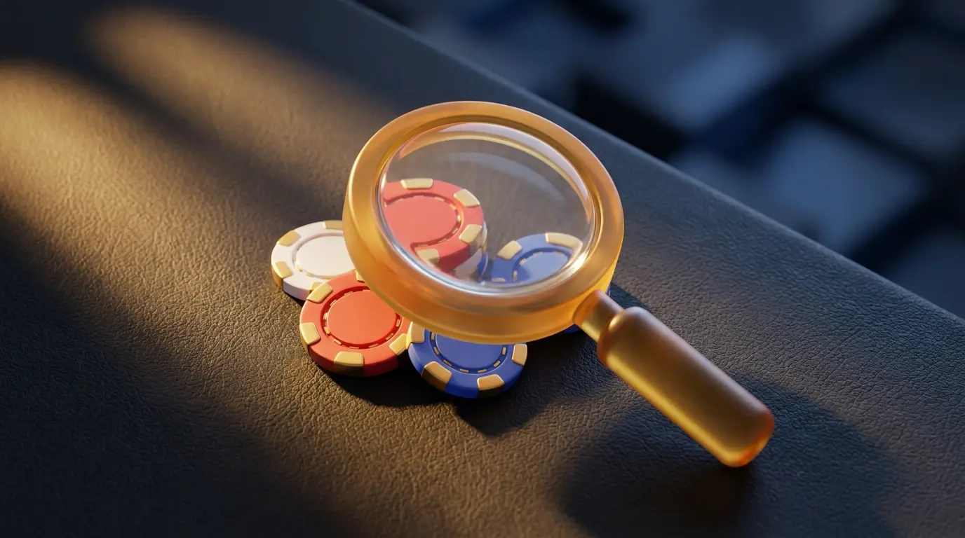 Magnifying glass inspecting UK-themed casino chips on dark surface
