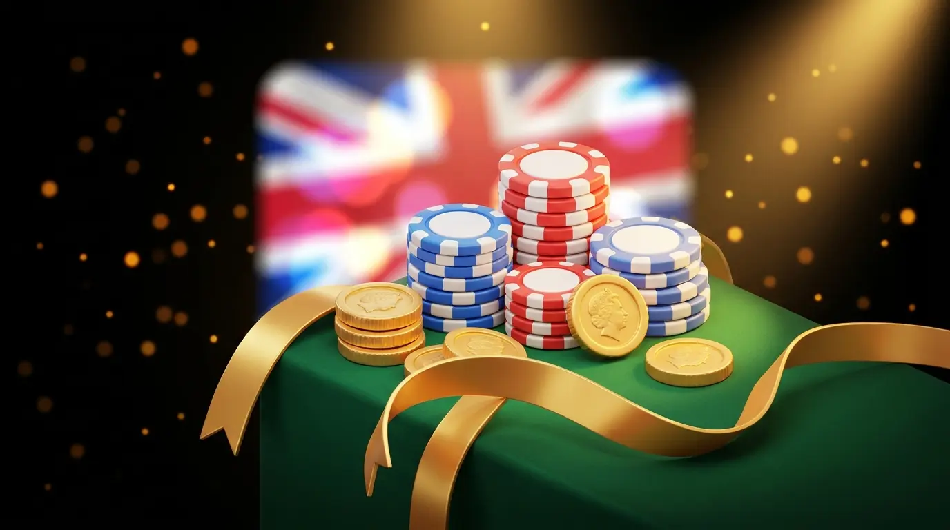 Poker chips and British coins with decorative ribbon on green felt