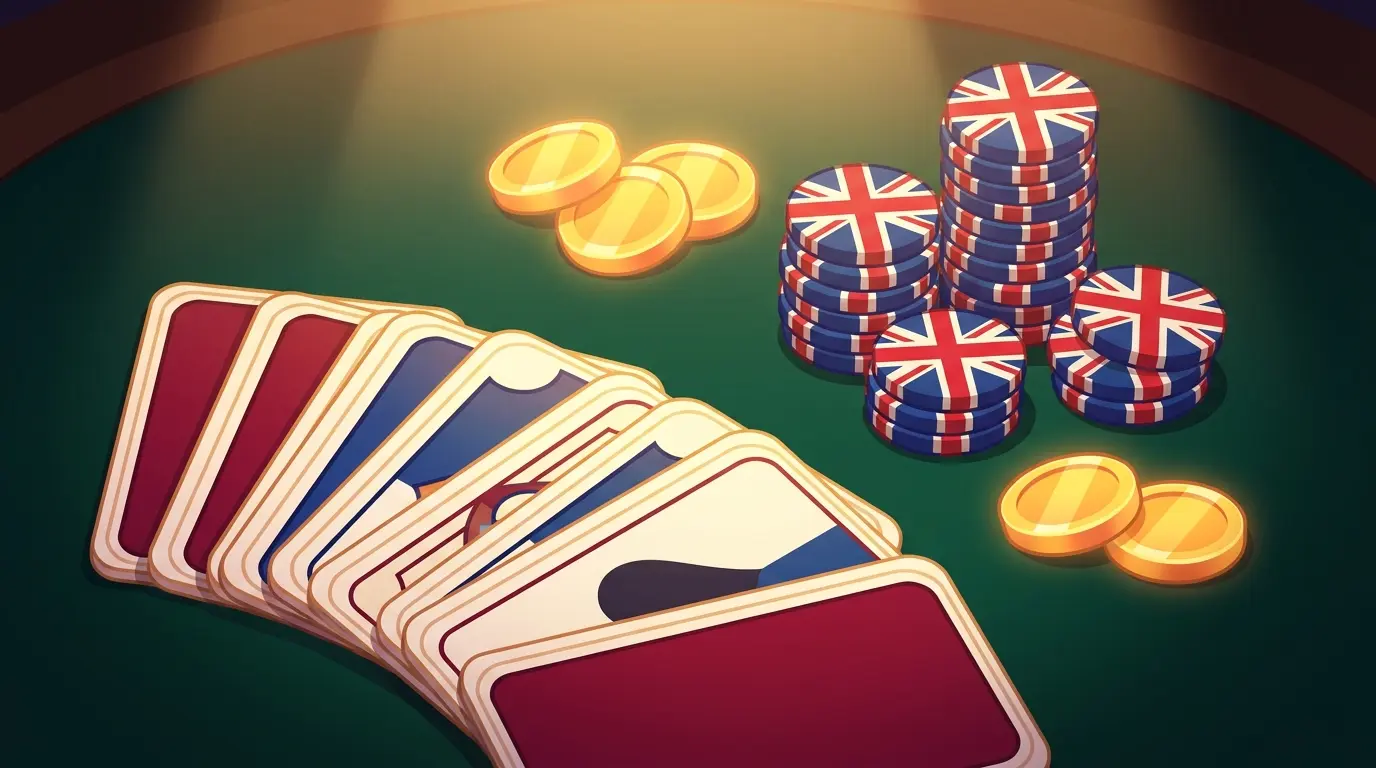 Casino cards and chips in British flag colours on gaming table