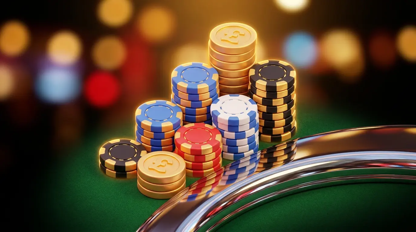 Casino chips and British coins on green felt with UK colors