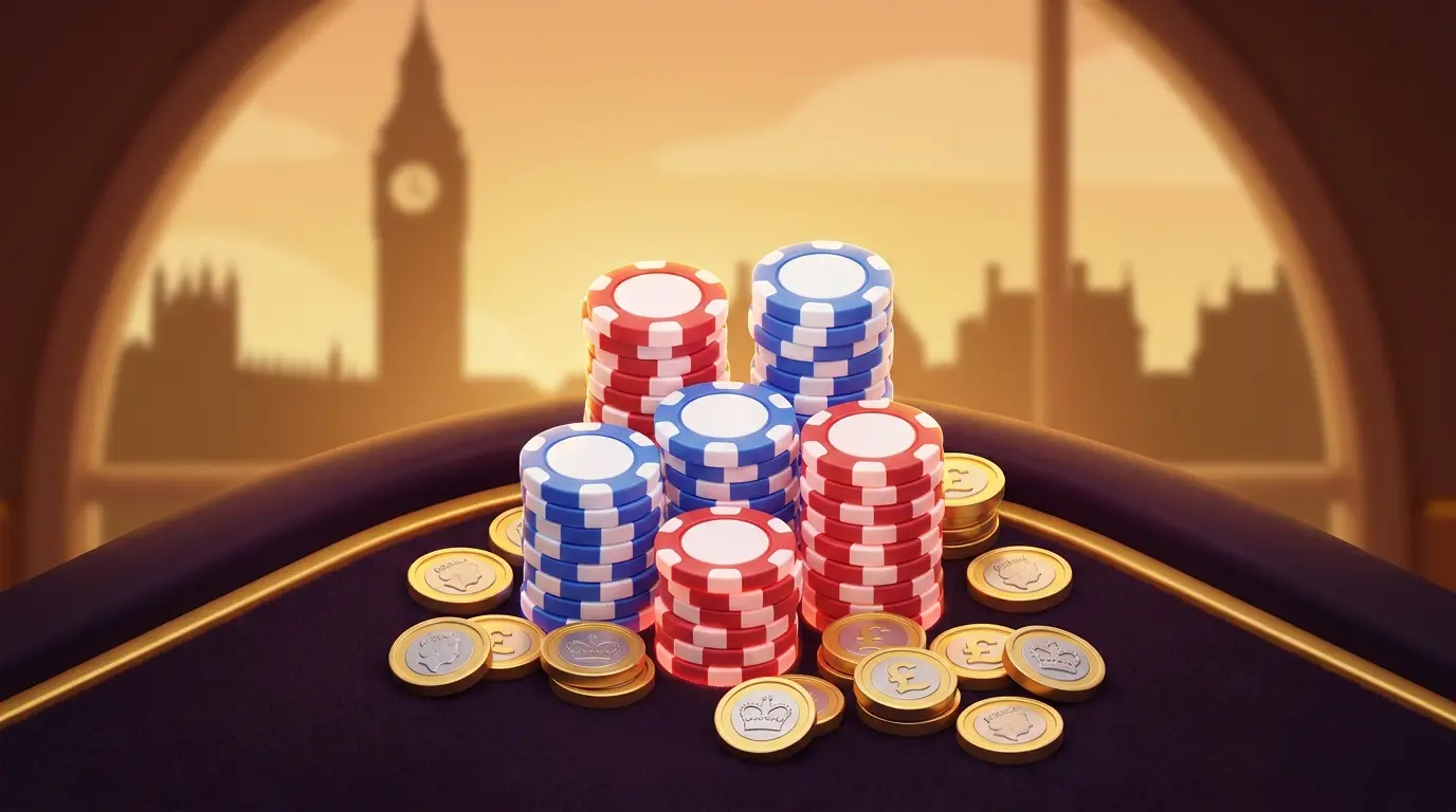 British themed poker chips with pound coins in warm casino setting