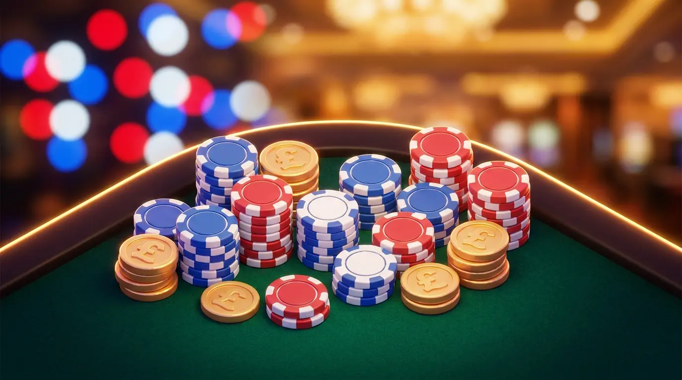 Casino chips and British pound coins on gaming table