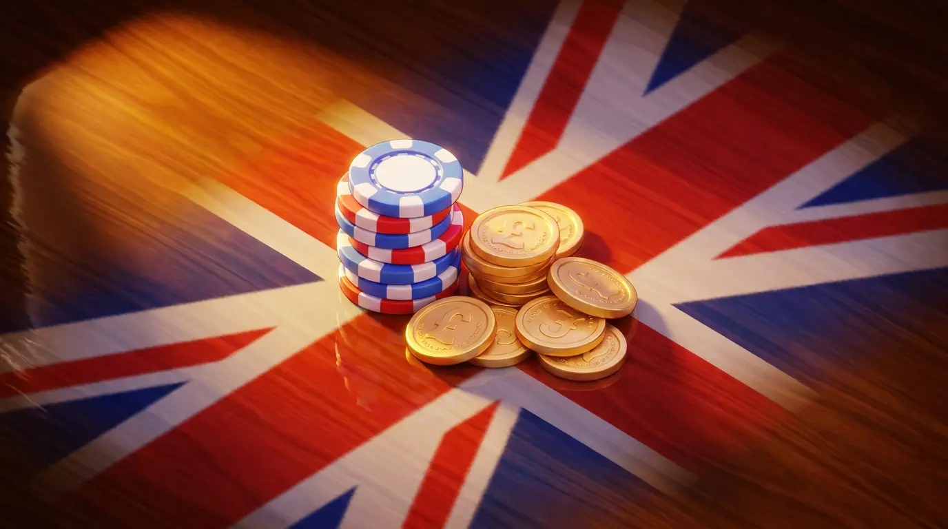 Casino chips and pound coins on polished table