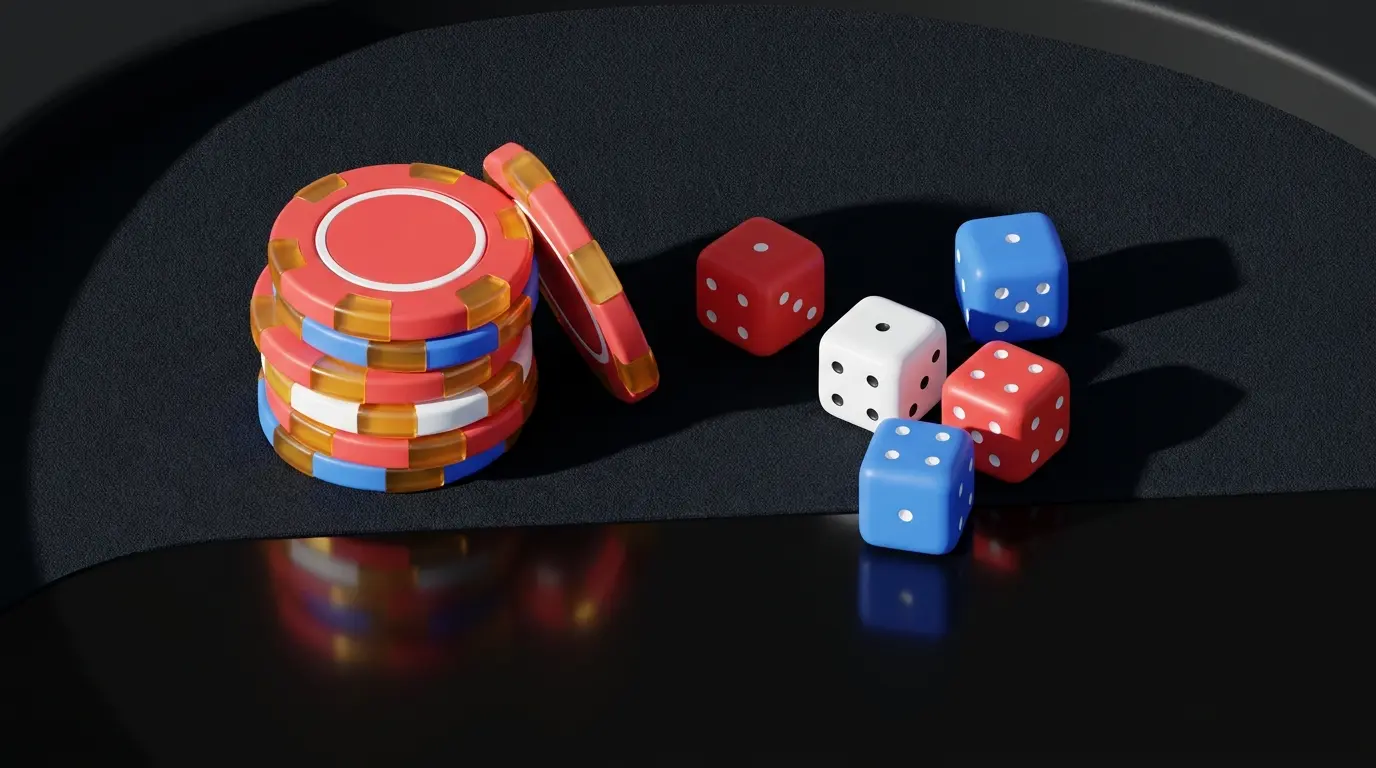 Casino chips and dice in British colors on gaming table