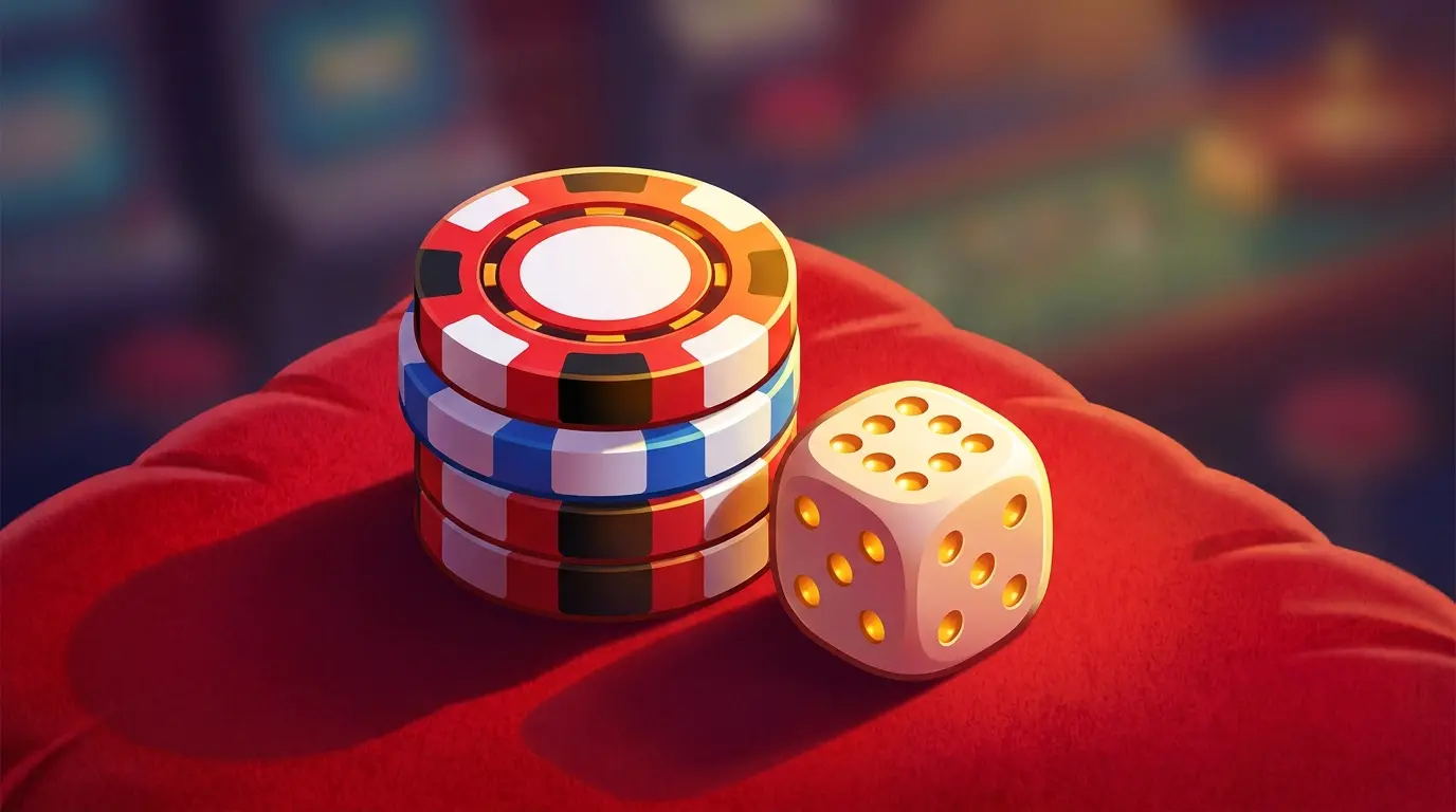 Casino chips and dice with UK colors representing gambling age