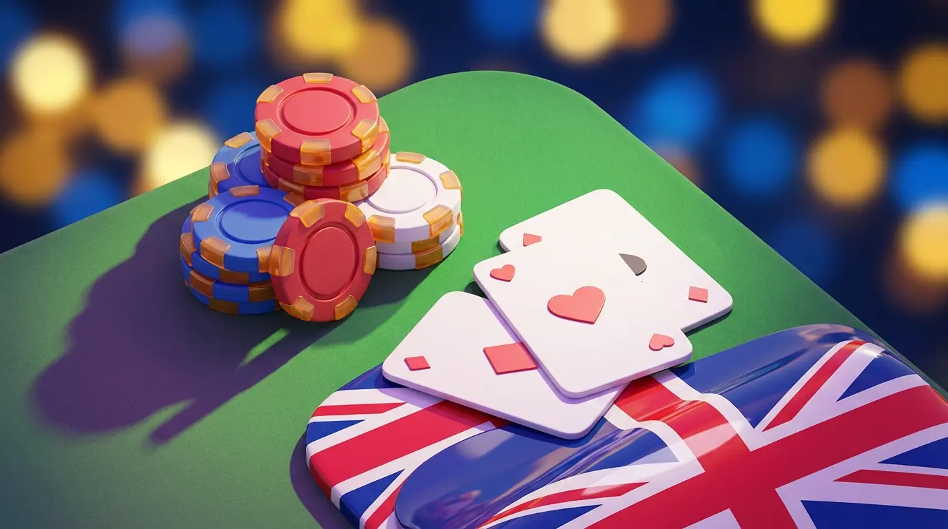 Casino chips and cards with British color theme on green felt