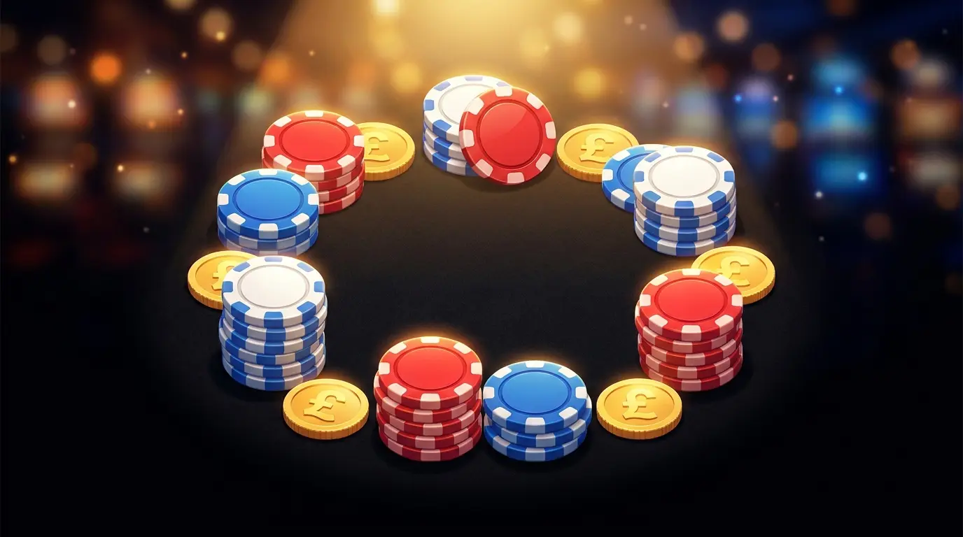Casino chips and British coins arranged on gaming table