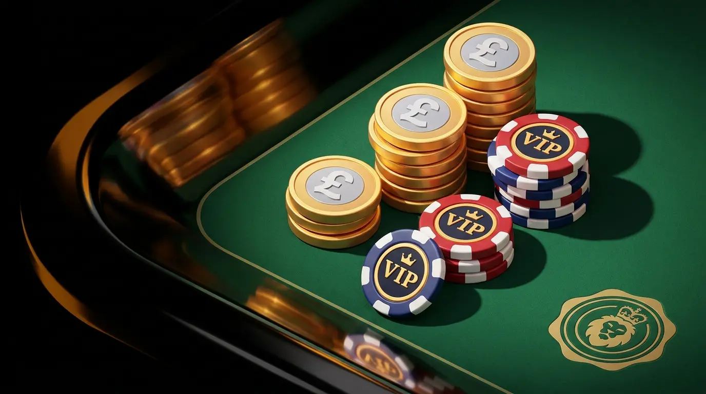 UK pound coins and casino chips with British color scheme