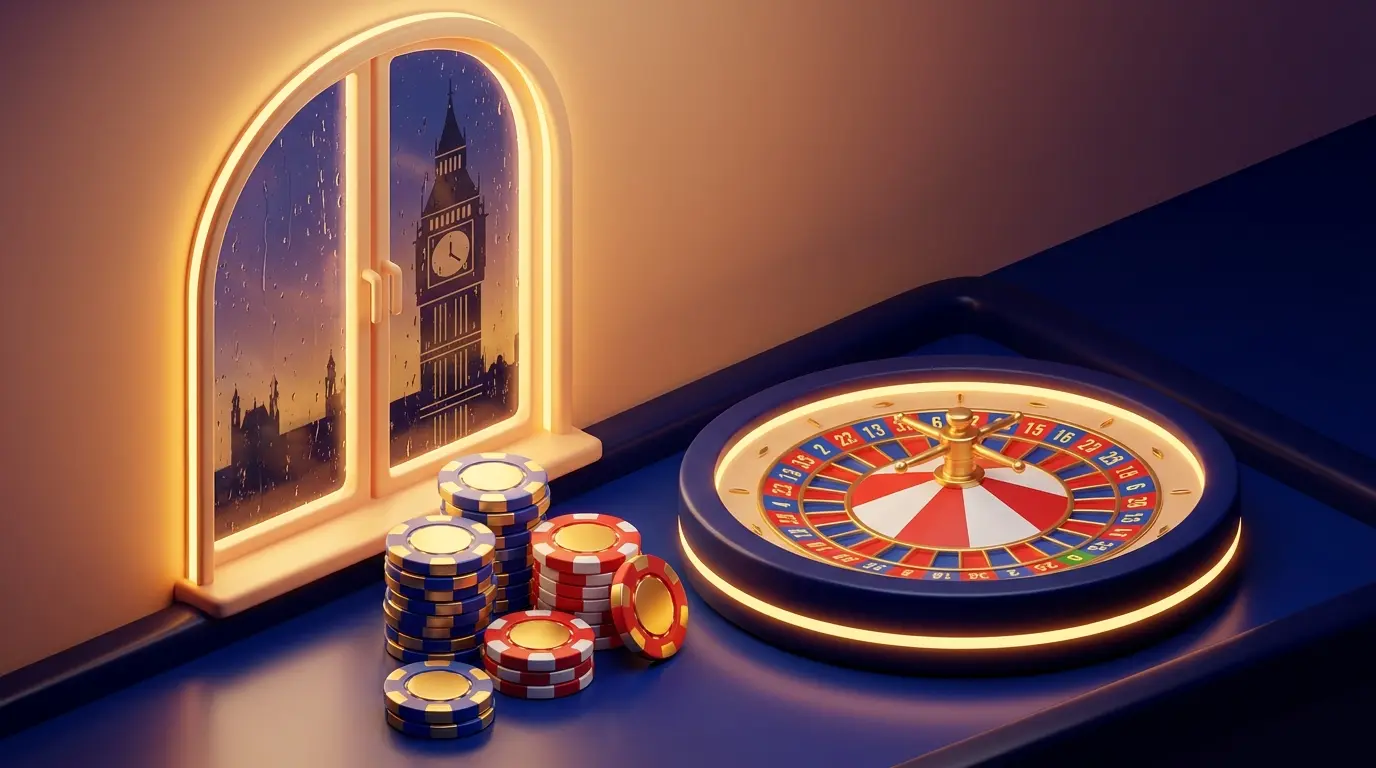 Roulette wheel and chips with London skyline in atmospheric setting