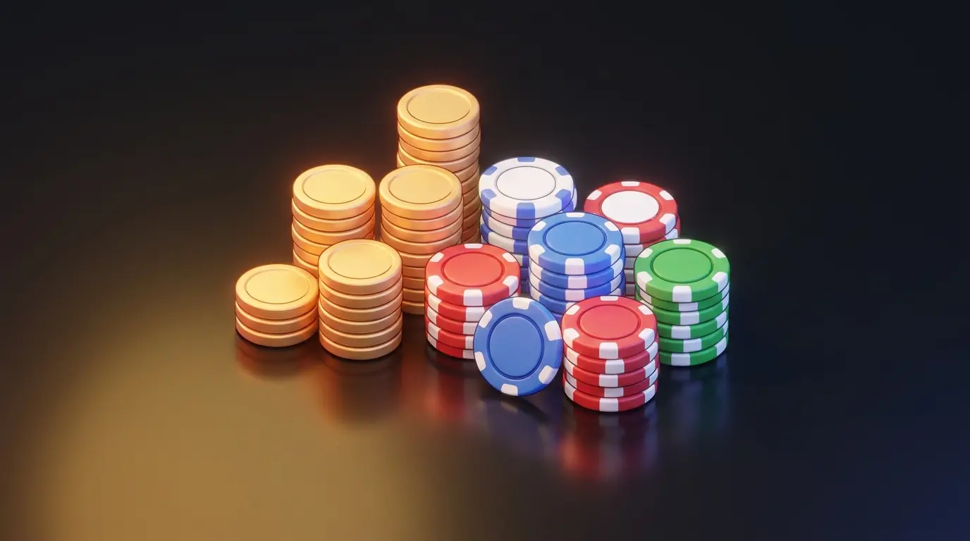 British pound coins stacked beside betting chips on reflective surface
