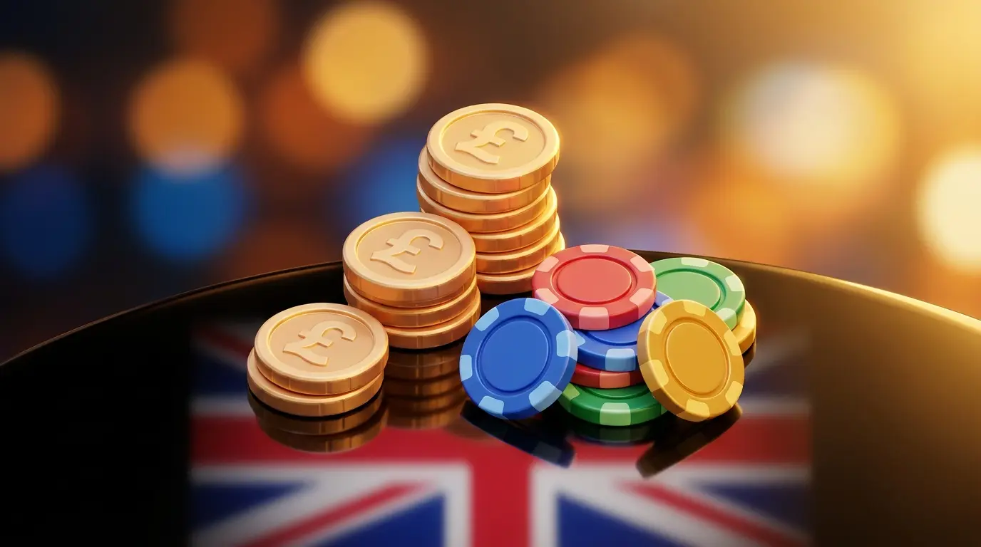 British pound coins stacked beside casino chips with UK flag colors