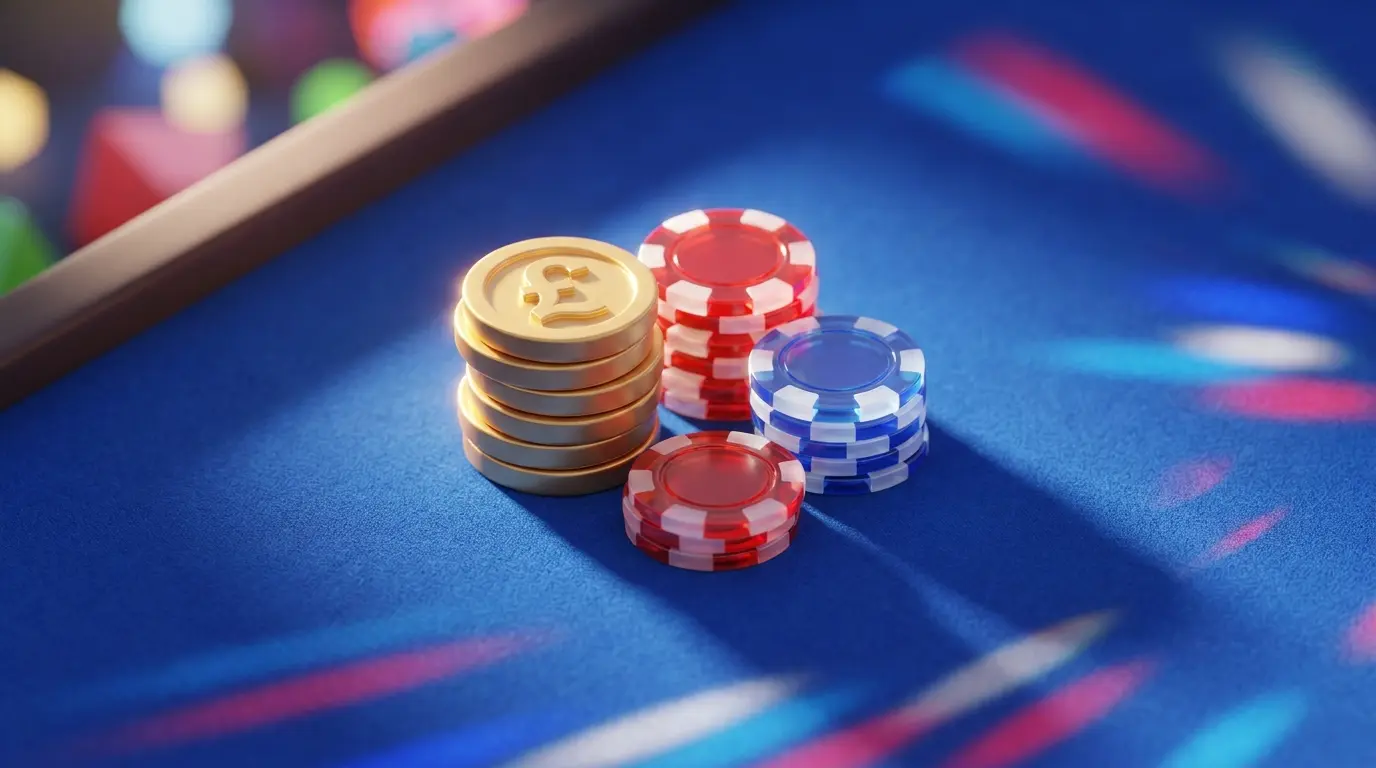 British pound coins and casino chips on blue felt table