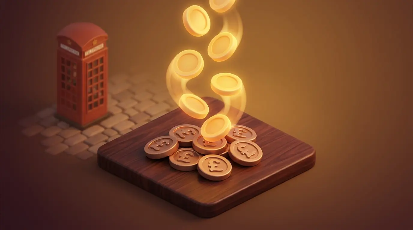 Coins falling above British currency with red phone box backdrop
