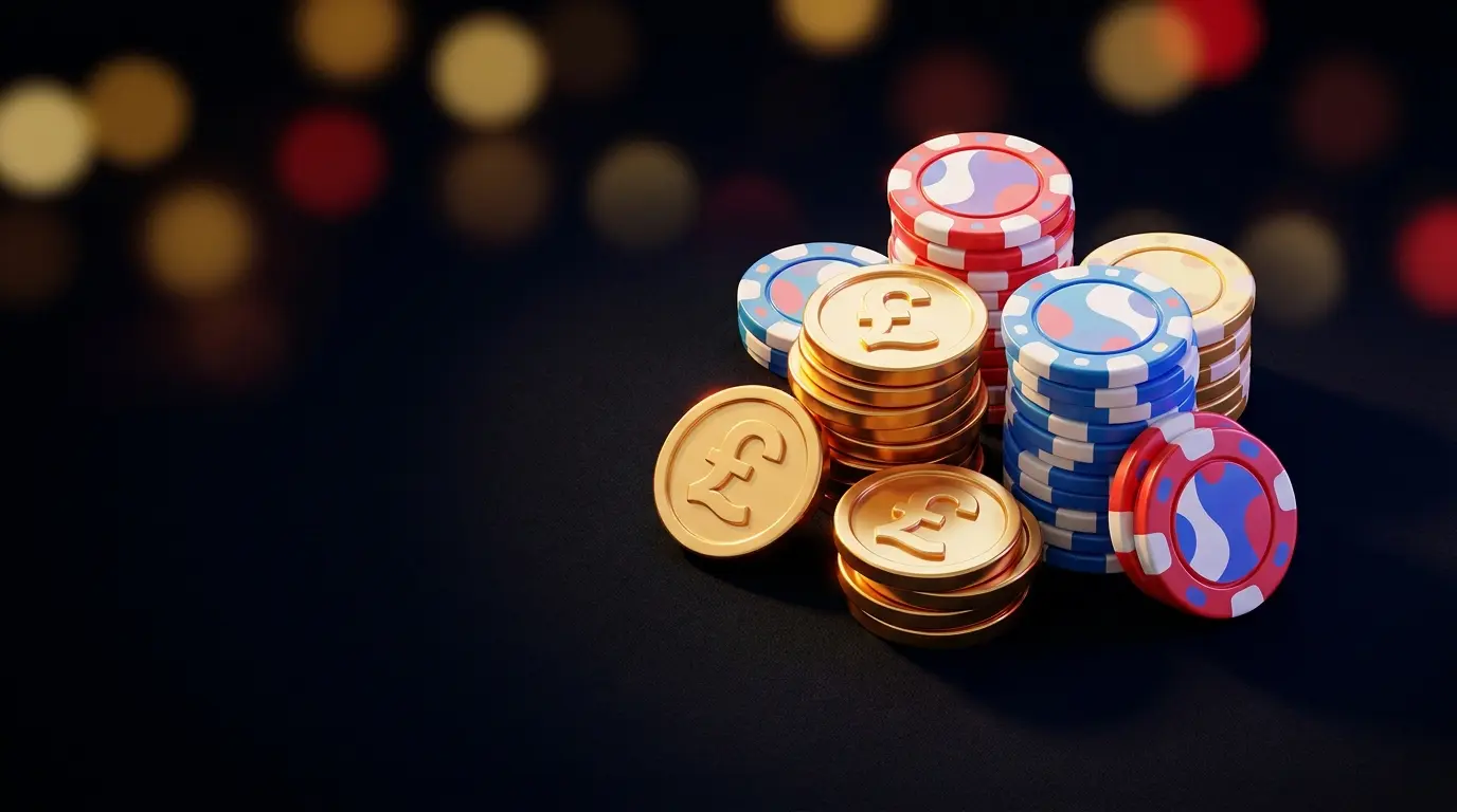 Pound coins and poker chips with UK colors on casino felt table