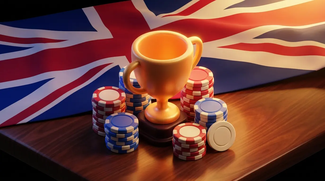 Winner's trophy with British-themed poker chips and draped flag