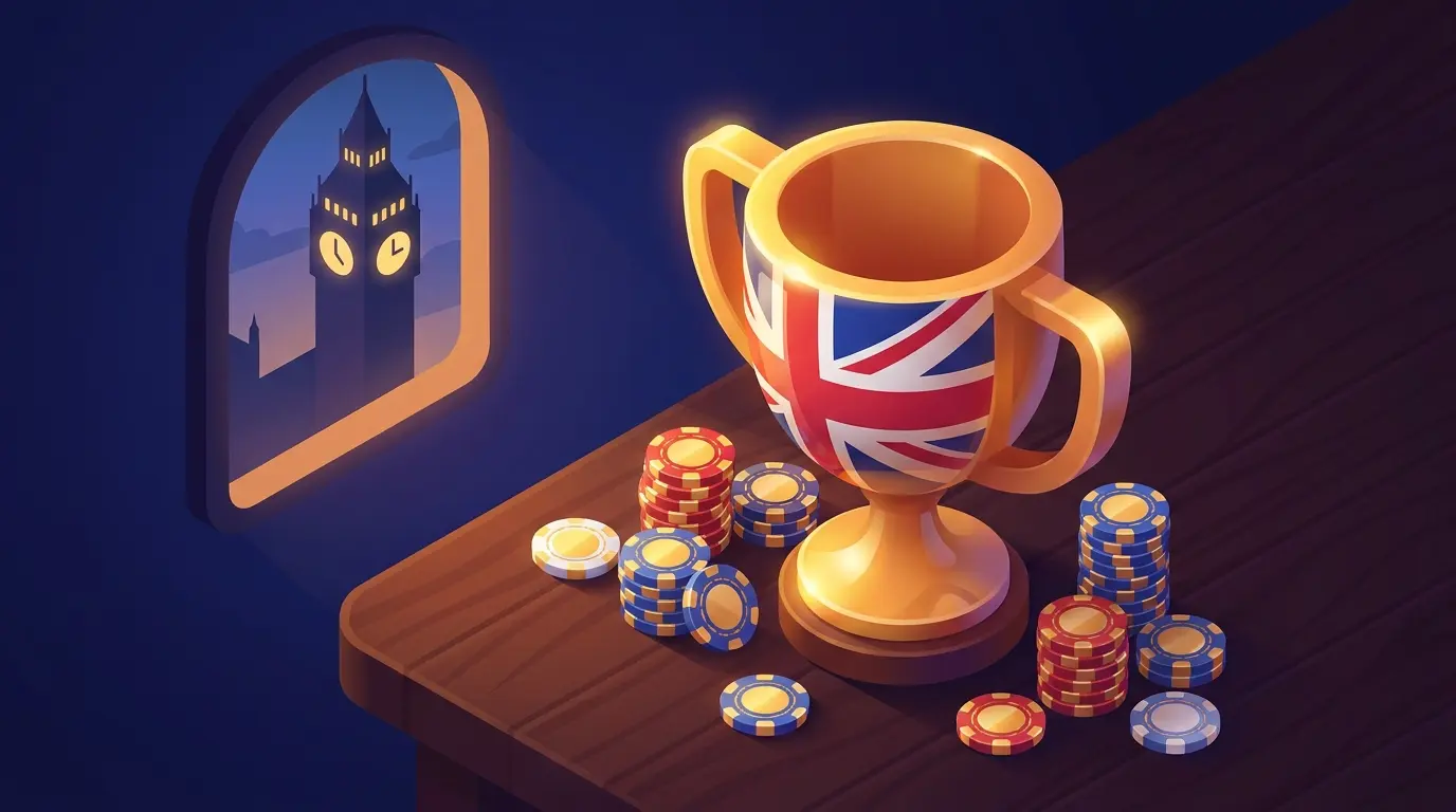 Trophy with poker chips and London skyline background