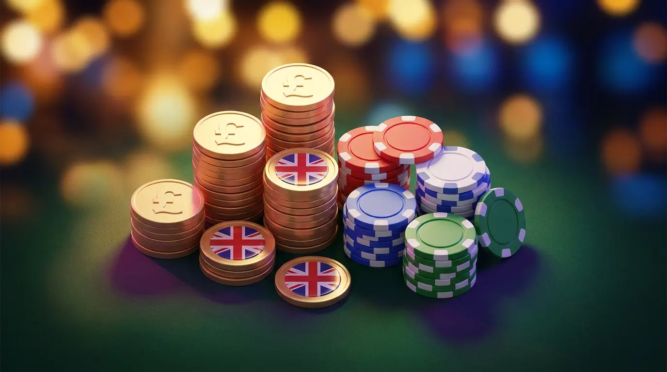 British pound coins and casino chips on green felt table